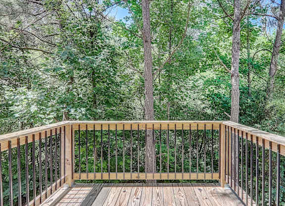 the deck has a view of the trees and the woods