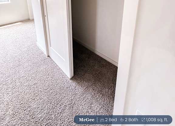 A second bedroom closet with a white door and a carpeted floor.