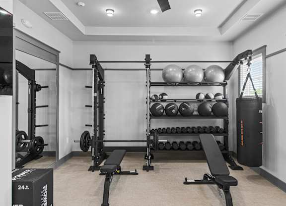 A gym with a variety of weights and equipment.