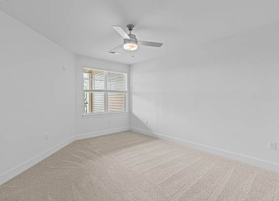 A room with a carpeted floor and a ceiling fan.
