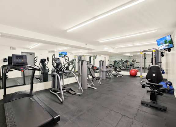 A gym with a variety of equipment including treadmills, weights, and exercise machines at Midvale Court, Los Angeles