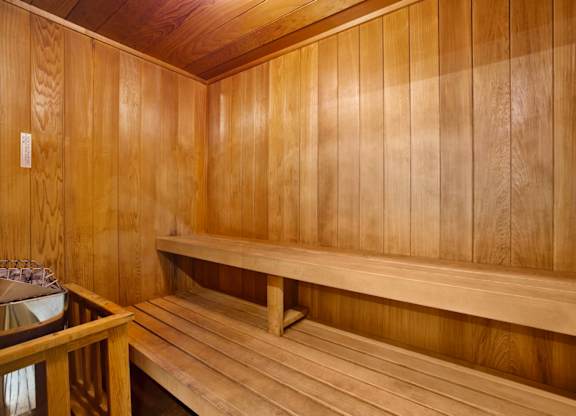 A wooden sauna with benches.