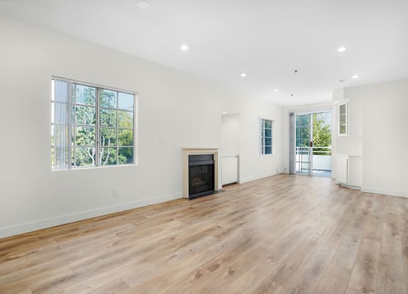Apartment living room with fireplace, built-in cabinets and balcony.