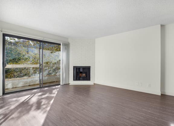 Apartment living room with fireplace and balcony