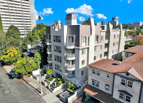 Exterior aerial view of apartment building.