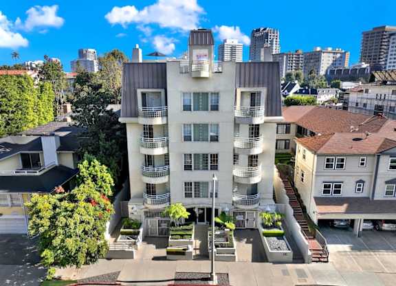 Exterior aerial view of apartment building.