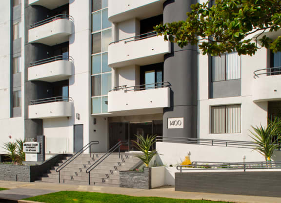 Exterior 3/4 angle of an apartment building. at Midvale Court, Los Angeles, CA