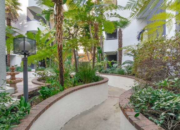 Apartment courtyard with a winding walking path, lush plants and a water feature. at Midvale Court, California, 90024