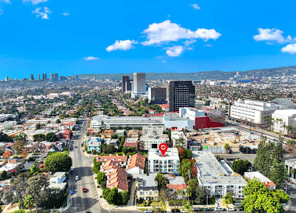 A cityscape with a red pin on a building. at The Urbanpolitan, Los Angeles, CA 90036