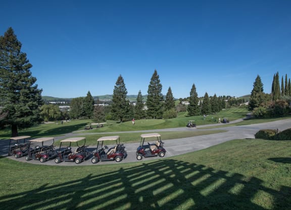 a line of golf carts parked on a golf course  at Falcon Bridge at Gale Ranch, San Ramon, 94582