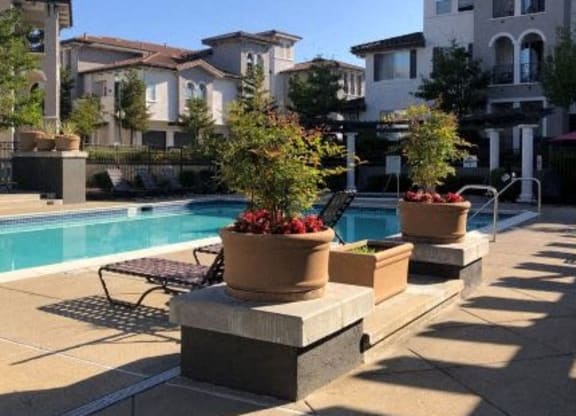 a swimming pool with a chaise lounge chair and potted plants  at Falcon Bridge at Gale Ranch, California