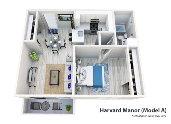 1-bedroom floor plan image of the harvard manor apartments in dallas, tx at Harvard Manor, Irvine, CA