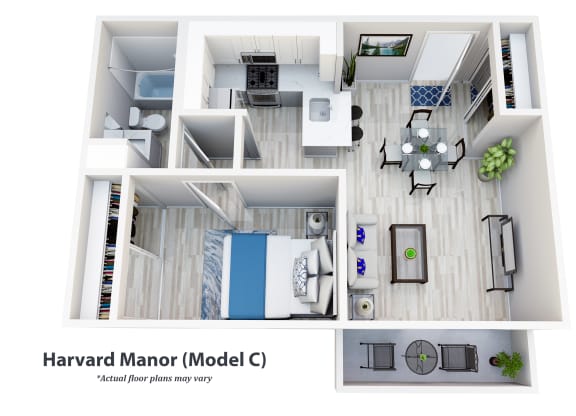 1-bedroom floor plan of the harvard manor model c at Harvard Manor, Irvine, 92612