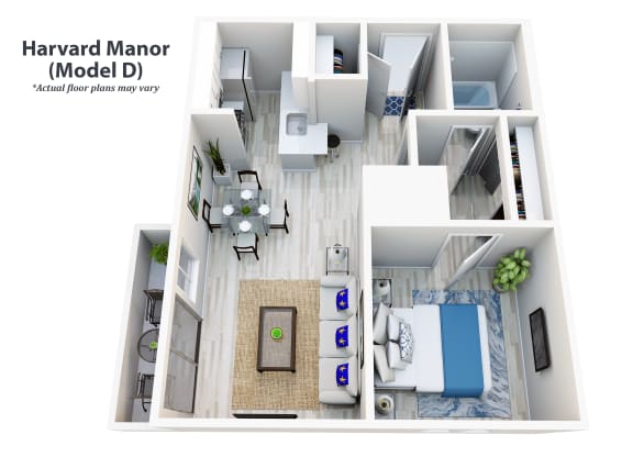 1-bedroom floor plan an open concept living room and kitchen with a dining area and a living room at Harvard Manor, Irvine, 92612