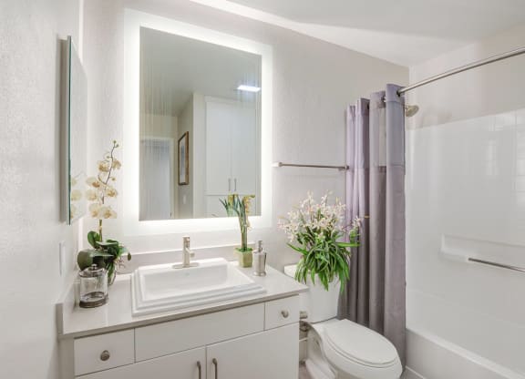 a bathroom with a white toilet next to a white sink with a mirror above it  at Laguna Gardens Apts., Laguna Niguel, CA, 92677