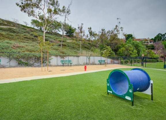 a dog park with a large blue dog kennel and a red fire hydrant  at Laguna Gardens Apts., California, 92677