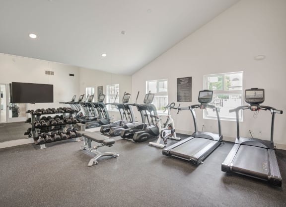 a gym with cardio equipment and a flat screen tv  at Laguna Gardens Apts., Laguna Niguel