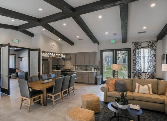 the estates at tanglewood|living room with kitchen and dining area  at Arroyo Villa Apartments, Thousand Oaks, CA