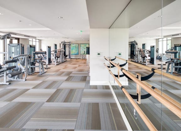 a gym with mirror and barre, treadmills and other exercise equipment  at Deer Creek Apartments, San Ramon