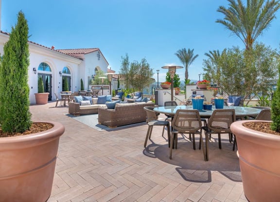 Outdoor seating area at Montecito Apartments at Carlsbad, California