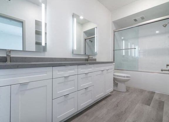 Bathroom with cabinets at Montecito Apartments at Carlsbad, California, 92010