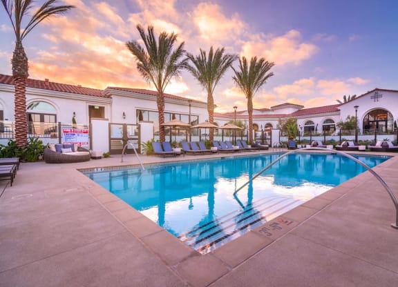 Swimming pool in the evening at Montecito Apartments at Carlsbad, Carlsbad, 92010
