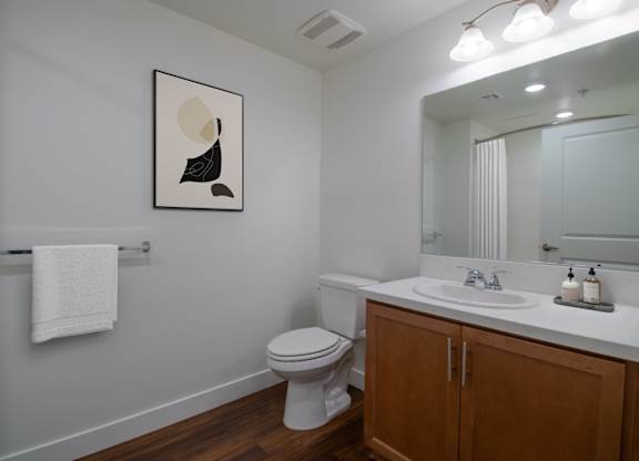 Bright bathroom at Portola Senior Apartments, Carlsbad
