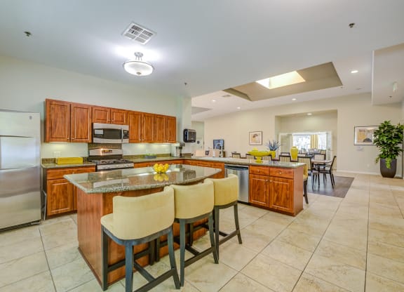 a large kitchen with granite countertops and stainless steel appliances  at Tesoro Senior Apartments, California, 91326