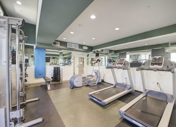 a gym with treadmills and other exercise equipment  at Ventana Senior Apartments, Northridge, CA