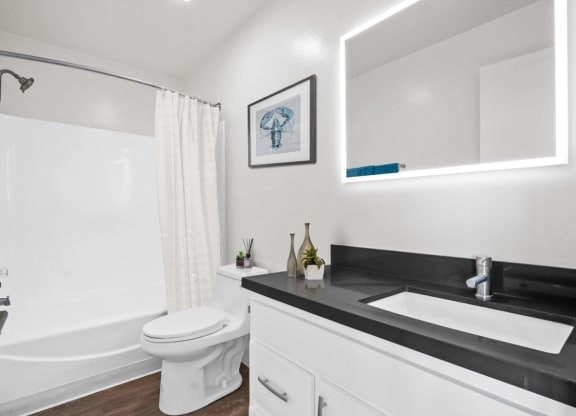 a bathroom with a toilet sink and bathtub at Palm Capri Apartments, Burbank, CA, 91501
