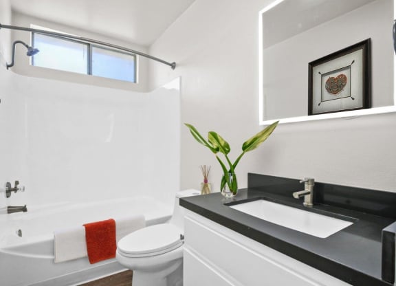 a bathroom with a toilet sink and bathtub at Palm Capri Apartments, California