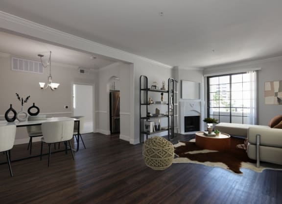 the living room and dining room of an apartment at Burton, Los Angeles, California