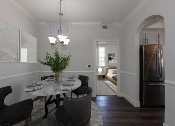 a kitchen and dining room with a table and chairs at Burton, Los Angeles, CA