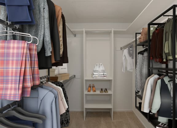 a walk in closet with a rack of clothes and a closet organizer at Burton, California, 90048