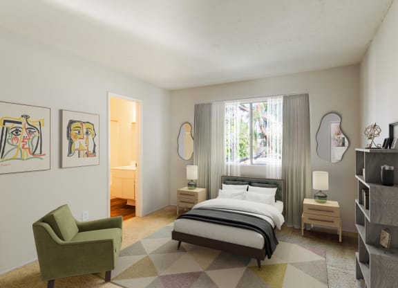 a bedroom with a bed and a chair and a window at The Villas at Monarch Beach, Dana Point