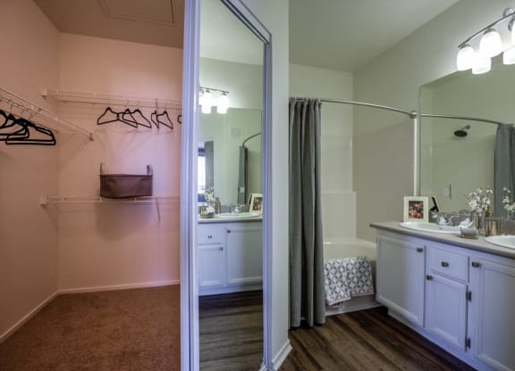 Closet and bath at Milan Apartment Townhomes, Las Vegas, NV