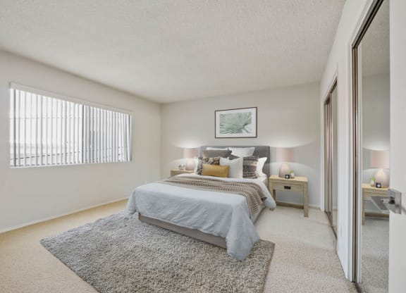 Bedroom white interior at Rose Apartments, California, 90034