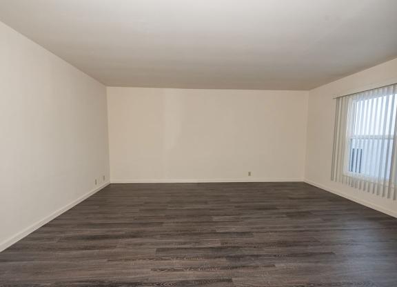 Empty room with vinyl floor and white walls.
