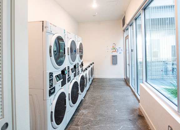 A row of washing machines and dryers in a laundry room.