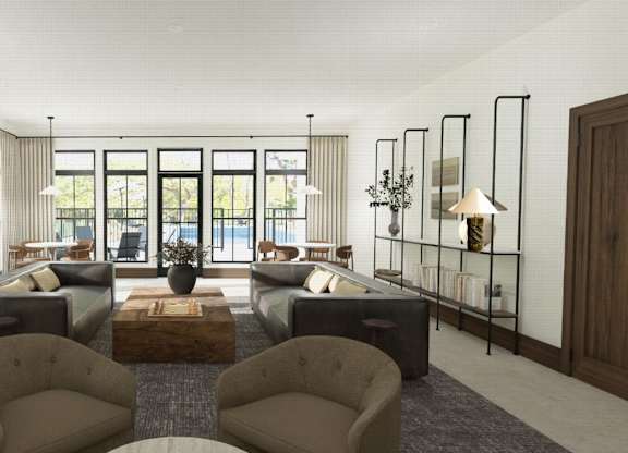 A modern living room with a large window and a view of a pool.