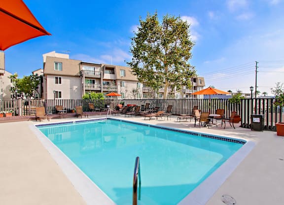 Courtyard resort-style swimming pool at Woodcliff Modern Apartments for Rent Near Santa Monica College