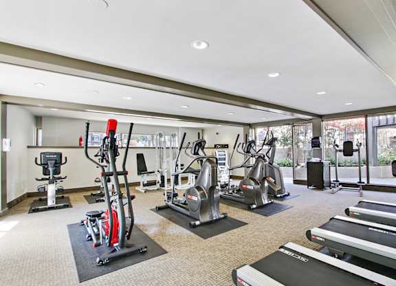 State-of-the-art fitness center with Cardio equipment including treadmills, Rowing machines, elliptical trainers, Stationary bicycle,  carpet flooring