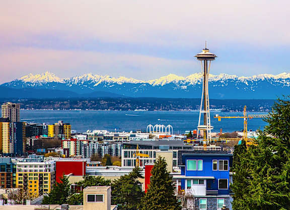 Skyline view with space needle and mountains at The Lyric Apartments, Seattle, Washington