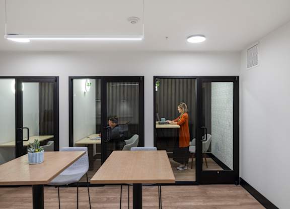 Private office pods at The Lyric Apartments, Seattle, Washington