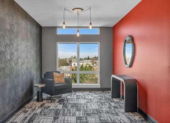 Resident seating nook with city views at The Lyric Apartments, Seattle