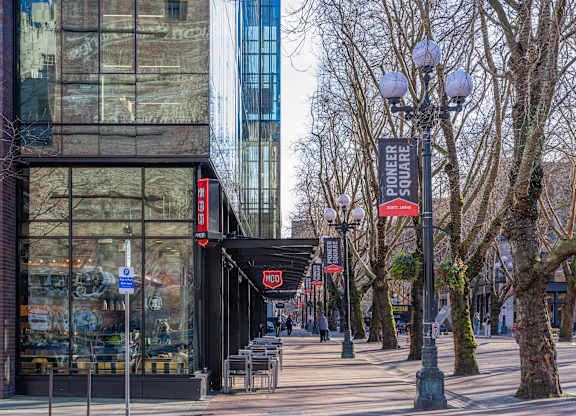 a city street with trees and street lights and a building
