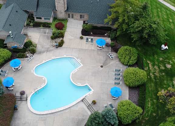 Aerial view of pool at Heather Ridge Apartments, Westland, MI, 48185