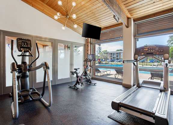 Gym with a treadmill at fifty9 Grove Apartments, Illinois