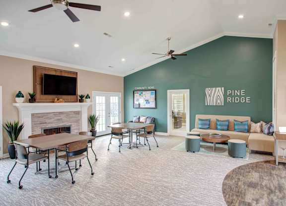 Living Area with Fireplace at Pine Ridge Apartments, Rochester Hills, Michigan