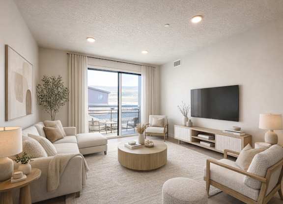 Liberty Sage Apartments, Park City, Utah, a well-lit, modern living room with a large window and a flat-screen TV.